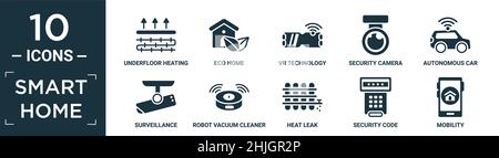 filled smart home icon set. contain flat underfloor heating, eco home, vr technology, security camera, autonomous car, surveillance, robot vacuum clea Stock Vector