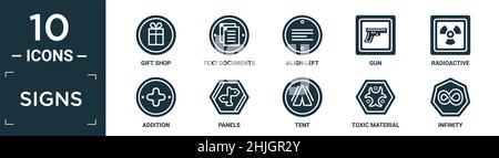 filled signs icon set. contain flat gift shop, text documents, align left, gun, radioactive, addition, panels, tent, toxic material, infinity icons in Stock Vector