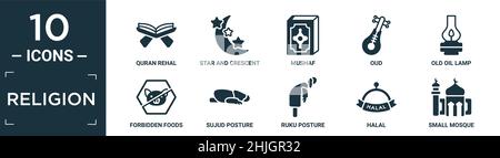 filled religion icon set. contain flat quran rehal, star and crescent moon, mushaf, oud, old oil lamp, forbidden foods, sujud posture, ruku posture, h Stock Vector