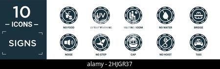 filled signs icon set. contain flat no food, uv ray warning, waiting room, no water, bridge, noise, no step, cap, hoist, taxi icons in editable format Stock Vector