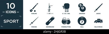 filled sport icon set. contain flat hurling, tumbling, kickboxing, snooker, aikido, fencing, snowboard, powerlifting, ball, rallycross icons in editab Stock Vector