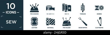 filled sew icon set. contain flat pin cushion, measuring, fabric, threads, bobbin, leather, material, pin holder, seam ripper, clothespin icons in edi Stock Vector