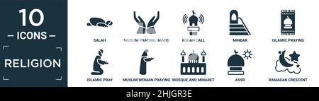 filled religion icon set. contain flat salah, muslim praying hands, adhan call, minbar, islamic praying carpet, islamic pray, muslim woman praying, mo Stock Vector