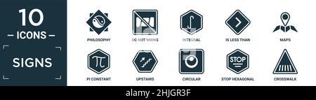 filled signs icon set. contain flat philosophy, do not wring, integral, is less than, maps, pi constant, upstairs, circular, stop hexagonal, crosswalk Stock Vector