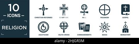 filled religion icon set. contain flat christian reformed church, christian, null, paganism, gospel, asceticism, celtic cross, commandments, bahai, mo Stock Vector