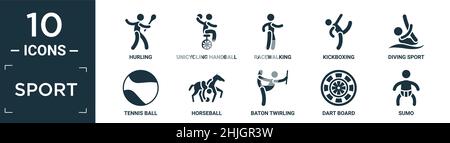 filled sport icon set. contain flat hurling, unicycling handball, racewalking, kickboxing, diving sport, tennis ball, horseball, baton twirling, dart Stock Vector