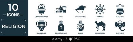 filled religion icon set. contain flat jewish incense, diet, conch shell, dharma, kalasha, manna jar, religious salt, rabbi, dromedary, elephant icons Stock Vector