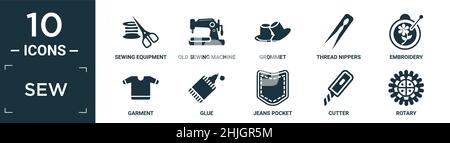 filled sew icon set. contain flat sewing equipment, old sewing machine, grommet, thread nippers, embroidery, garment, glue, jeans pocket, cutter, rota Stock Vector