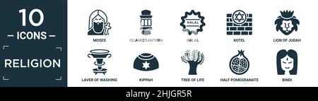 filled religion icon set. contain flat moses, islamic lantern, halal, kotel, lion of judah, laver of washing, kippah, tree of life, half pomegranate, Stock Vector