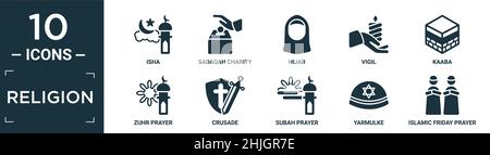 filled religion icon set. contain flat isha, sadaqah charity, hijab, vigil, kaaba, zuhr prayer, crusade, subah prayer, yarmulke, islamic friday prayer Stock Vector