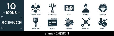 filled science icon set. contain flat radioactivity, sound fork, bond, burner, einstein, ph meter, notes, formula, molecule, flasks icons in editable Stock Vector
