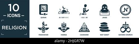 filled religion icon set. contain flat quran, abrahamic, muslim, jihad, nihilism, faravahar, hamsa, caodaism, wat saket, satanic church icons in edita Stock Vector
