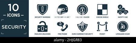 filled security icon set. contain flat security warning, motorbike helmet, unlock padlock, checke shield, safety car, padlock unlocked, fire phone, eu Stock Vector