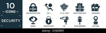 filled security icon set. contain flat padlock protection active, airbag, police shield, bullet proof vest, goalkeeper, insight, padlock close, uzi, s Stock Vector