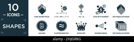 filled shapes icon set. contain flat cube geometrical, right angle of 90 degrees, pallas, star with number five, rectangular prism, halving, is approx Stock Vector