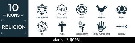 filled religion icon set. contain flat star of david, allah word, qibla, chicken, lotus, om, faith, budding staff, henna painted hand, shehnai icons i Stock Vector