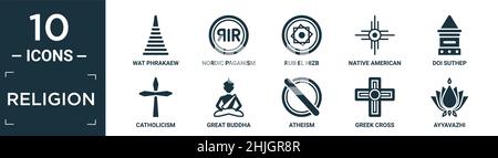 filled religion icon set. contain flat wat phrakaew, nordic paganism, rub el hizb, native american sun, doi suthep, catholicism, great buddha, atheism Stock Vector