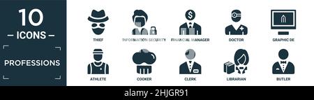 filled professions icon set. contain flat thief, information security analyst, financial manager, doctor, graphic de, athlete, cooker, clerk, libraria Stock Vector