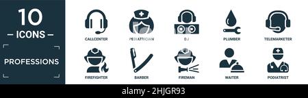 filled professions icon set. contain flat callcenter, pediatrician, dj, plumber, telemarketer, firefighter, barber, fireman, waiter, podiatrist icons Stock Vector