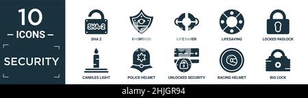 filled security icon set. contain flat sha 2, rhomboid, life saver, lifesaving, locked padlock, candles light, police helmet, unlocked security of cit Stock Vector