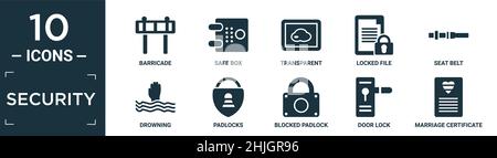 filled security icon set. contain flat barricade, safe box, transparent, locked file, seat belt, drowning, padlocks, blocked padlock, door lock, marri Stock Vector