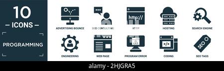filled programming icon set. contain flat advertising bounce, seo consulting, http, hosting, search engine, engineering, web page, program error, codi Stock Vector