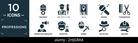 filled professions icon set. contain flat engineer, cricket player, guide, singer, hairdresser, marketing manager, scientist, miner, detective, builde Stock Vector