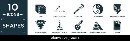 filled shapes icon set. contain flat cube, angle of acute, scepter, yin and yang, triangular prism, inverted cone, christian church, skull and dagger, Stock Vector