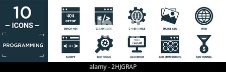 filled programming icon set. contain flat error 404, clean code, cyberspace, image seo, web, script, seo tools, 404 error, seo monitoring, funnel icon Stock Vector