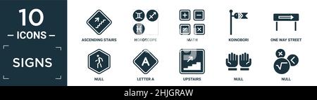 filled signs icon set. contain flat ascending stairs, horoscope, math, koinobori, one way street, null, letter a, upstairs, null, null icons in editab Stock Vector