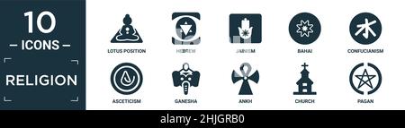filled religion icon set. contain flat lotus position, hebrew, jainism, bahai, confucianism, asceticism, ganesha, ankh, church, pagan icons in editabl Stock Vector