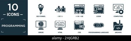 filled programming icon set. contain flat seo funnel, addon, web page, login, computing, error, html, css, programming language, archive icons in edit Stock Vector