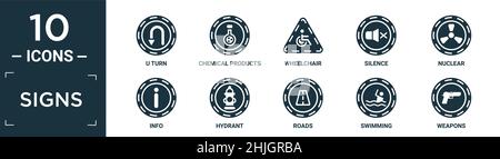 filled signs icon set. contain flat u turn, chemical products, wheelchair, silence, nuclear, info, hydrant, roads, swimming, weapons icons in editable Stock Vector