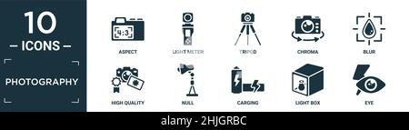filled photography icon set. contain flat aspect, light meter, tripod, chroma, blur, high quality, null, carging, light box, eye icons in editable for Stock Vector
