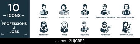 filled professions & jobs icon set. contain flat podiatrist, seamstress, president, mechanical engineer, physician assistant, secretary, judge, mechan Stock Vector