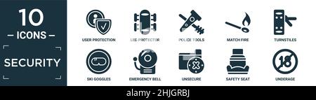 filled security icon set. contain flat user protection, leg protector, police tools, match fire, turnstiles, ski goggles, emergency bell, unsecure, sa Stock Vector