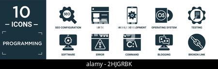 filled programming icon set. contain flat seo configuration, ux de, mobile development, operating system, testing, software, error, command, blogging, Stock Vector