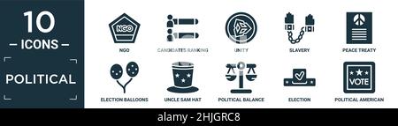 filled political icon set. contain flat ngo, candidates ranking graphic, unity, slavery, peace treaty, election balloons couple, uncle sam hat, politi Stock Vector