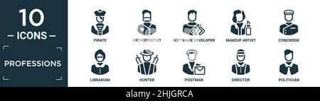 filled professions icon set. contain flat pirate, orthodontist, software developer, makeup artist, concierge, librarian, hunter, postman, director, po Stock Vector