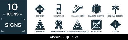 filled signs icon set. contain flat keep right, disturbance, escalator going down, brackets grouping, rail road crossing cross, arrow bolt, woman with Stock Vector