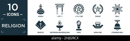 filled religion icon set. contain flat diwali, shinto, satanism, pagan, null, mantle, unitarian universalism, pope, noah ark, standing bell icons in e Stock Vector