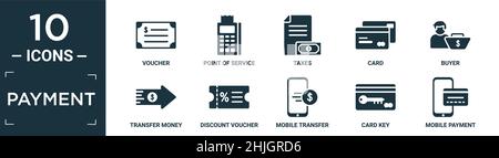 filled payment icon set. contain flat voucher, point of service, taxes, card, buyer, transfer money, discount voucher, mobile transfer, card key, mobi Stock Vector