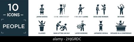 filled people icon set. contain flat japan geisha, devil standing up, person walking, boss and worker, rethink, classes, man lifting an old man, layer Stock Vector