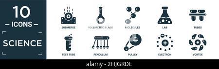 filled science icon set. contain flat submerge, volumetric flask, molecules, lab, tubes, test tube, pendulum, pulley, electron, vortex icons in editab Stock Vector