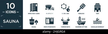 filled sauna icon set. contain flat infra heat cabin, foot bath, hormones, hemlock, yurt, sauna, irish steam bath, turkish bath, warming-up time, vasc Stock Vector