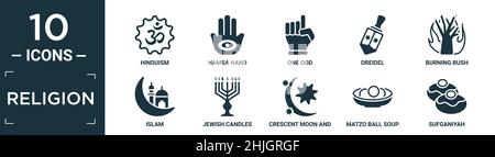 filled religion icon set. contain flat hinduism, hamsa hand, one god, dreidel, burning bush, islam, jewish candles, crescent moon and star, matzo ball Stock Vector