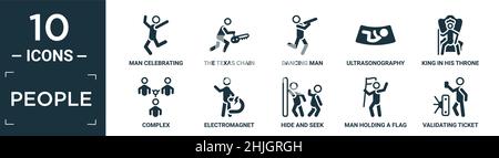 filled people icon set. contain flat man celebrating, the texas chain saw massacre, dancing man, ultrasonography, king in his throne, complex, electro Stock Vector