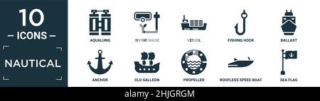 filled nautical icon set. contain flat aqualung, diving mask, vessel, fishing hook, ballast, anchor, old galleon, propeller, roofless speed boat, sea Stock Vector