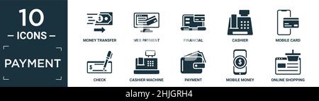 filled payment icon set. contain flat money transfer, web payment, financial, cashier, mobile card, check, cashier machine, payment, mobile money, onl Stock Vector