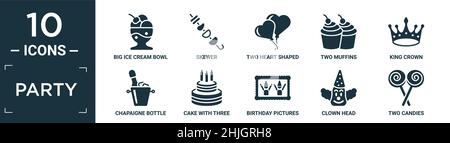 filled party icon set. contain flat big ice cream bowl, skewer, two heart shaped balloons, two muffins, king crown, chapaigne bottle in bucket, cake w Stock Vector